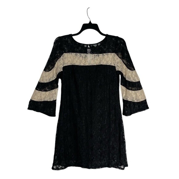 Gabby Skye Women's Striped Lace Shift Dress Size 12 Black Beige 3/4 Bell Sleeves - Picture 1 of 7